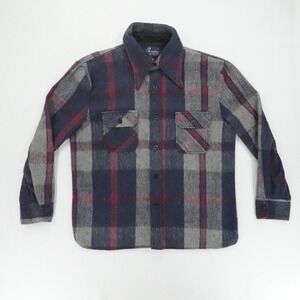 Vintage Brewster Shirt Jacket Mens L Navy Gray Red Wool Blend Plaid Long Sleeve